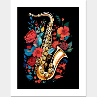 Saxophone Instrument Retro Red Flowers Color Nature Splash Posters and Art